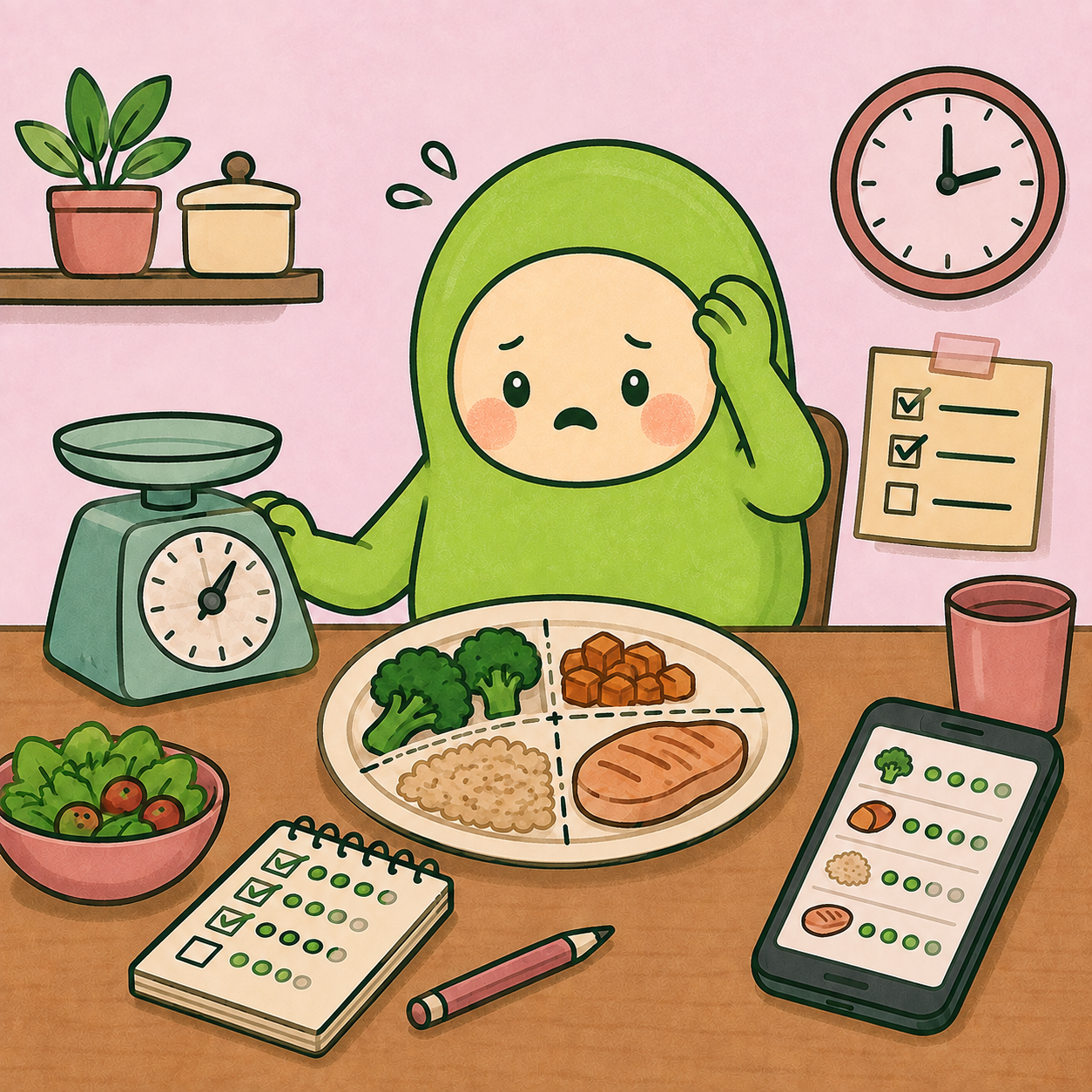 Mascot surrounded by portion and food-tracking reminders